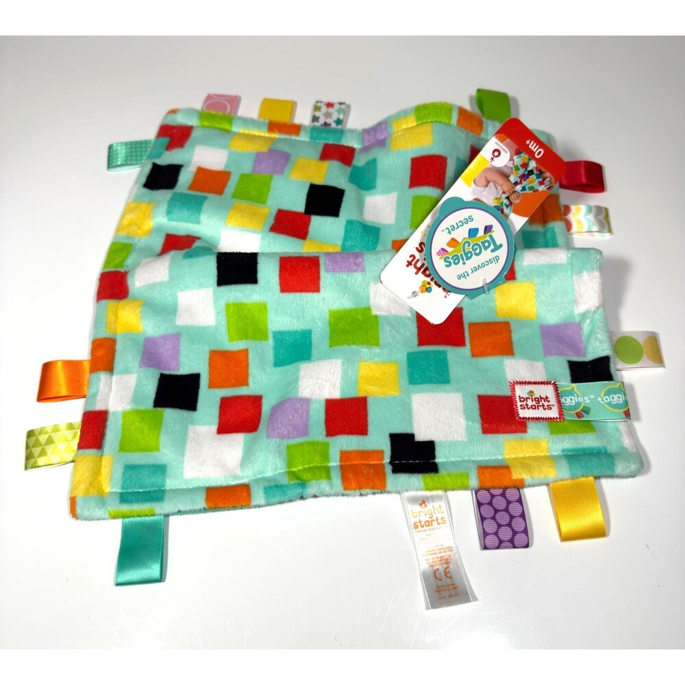Bright Starts Taggies Security Blanket Lovey Colorful Squares Aqua Satin 12x12"